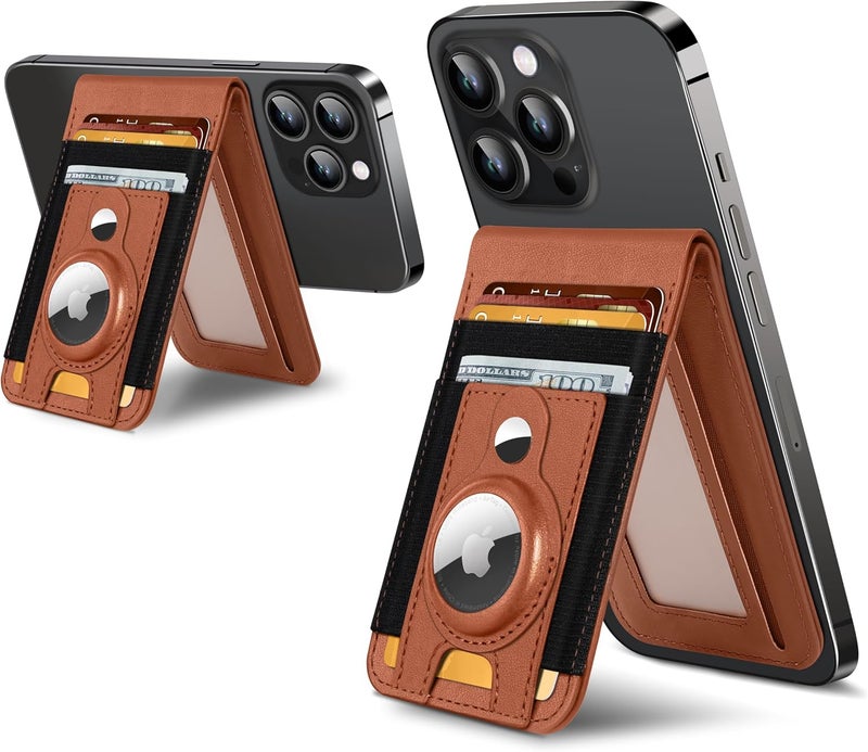 ExtreLife for Magsafe Wallet Stand with Airtag Holder, Strongest Magnetic Wallet for iPhone 17/16/15/14/13/12 Series, ID Window, 4 Card Slots, 10 Cards Holder, Vegan Leather, RFID Blocking, Brown - Image 1